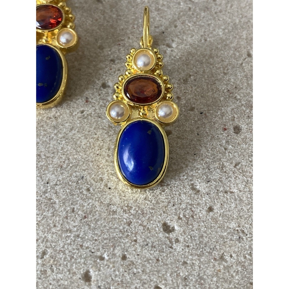 Gold Tone Cobalt Blue Dangle Earrings Cabochon Red Faux Pearl Leverback - Picture 2 of 6